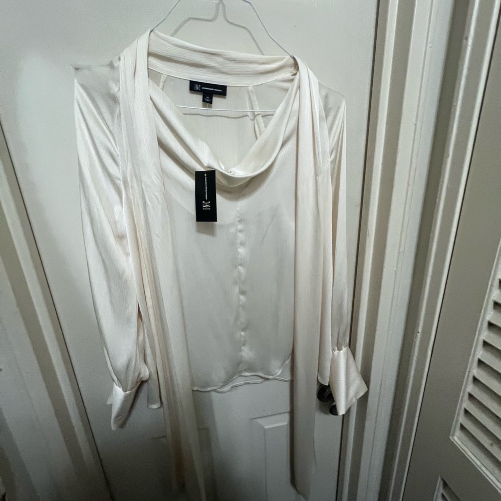 Ivory Satin Blouse with Scarf Detail